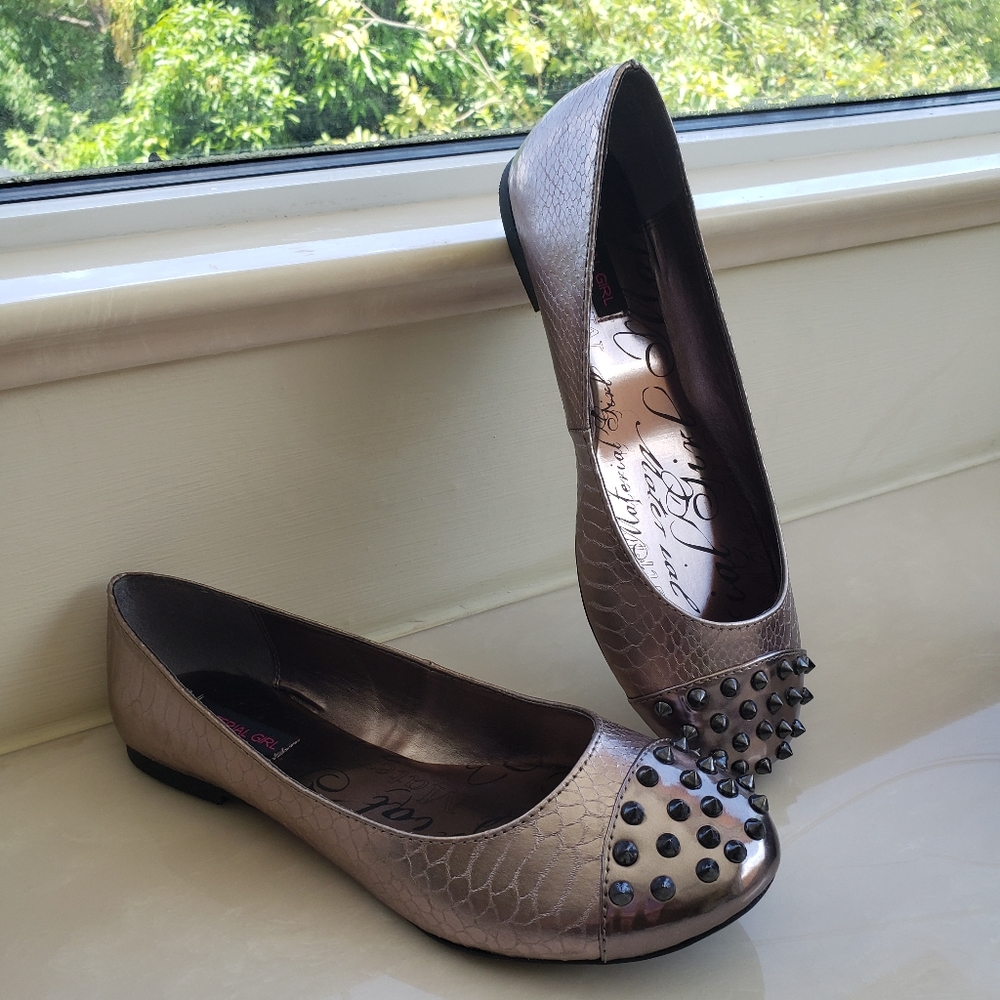 Material Girl Studded Ballet Flats Size 8.5 EMO Steampunk Gunmetal & Silver NWT